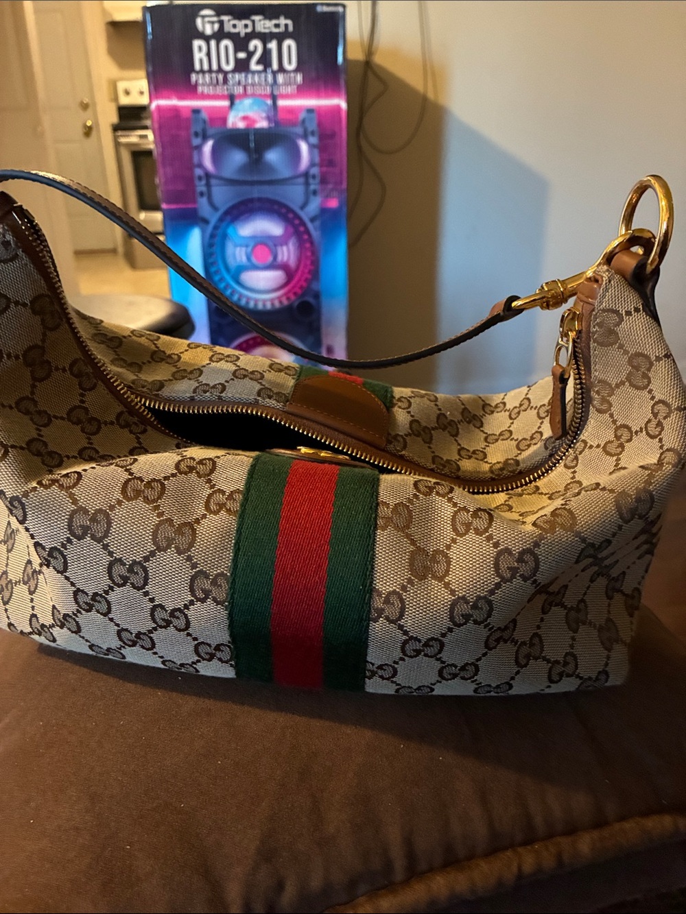 Gucci Beige GG Canvas Shoulder Bag with Green & Red Web Stripe